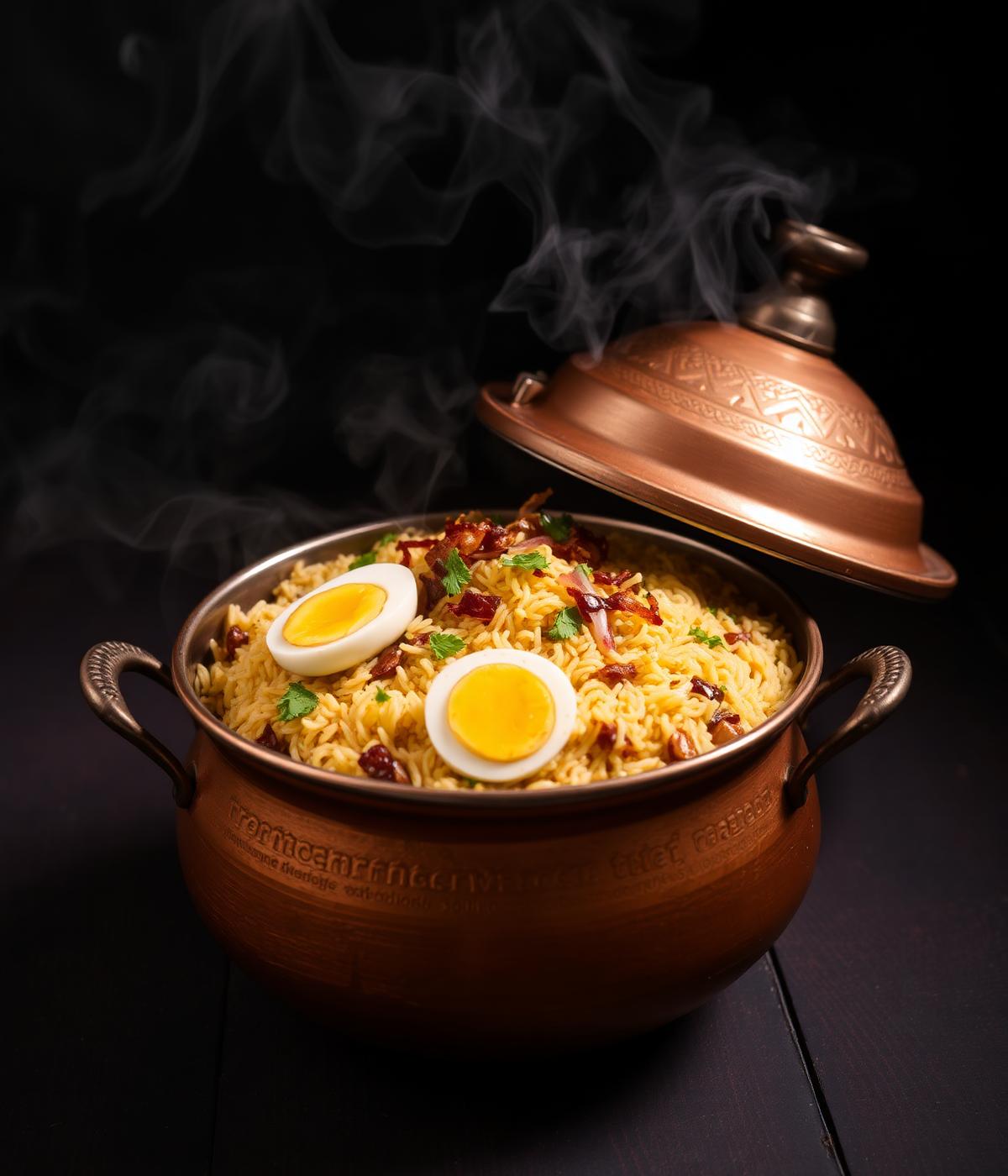 Steaming dum biryani served from a copper handi