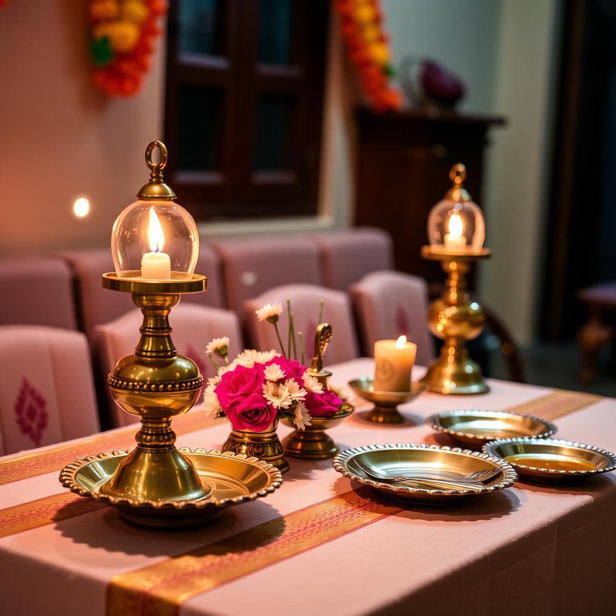 Brass lamps, flowers and serving plates arranged for a housewarming ceremony