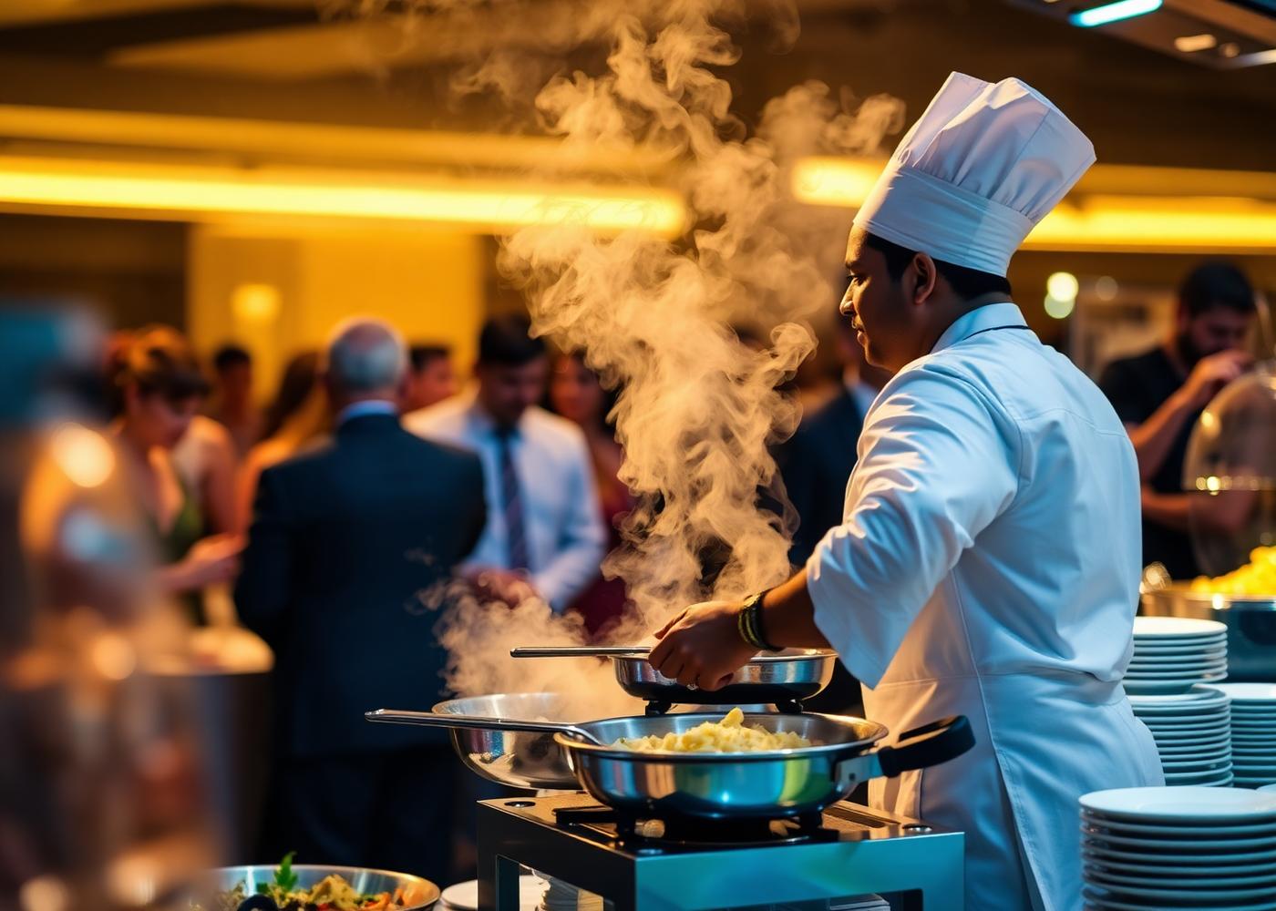 Chef cooking live at a catering counter during an event