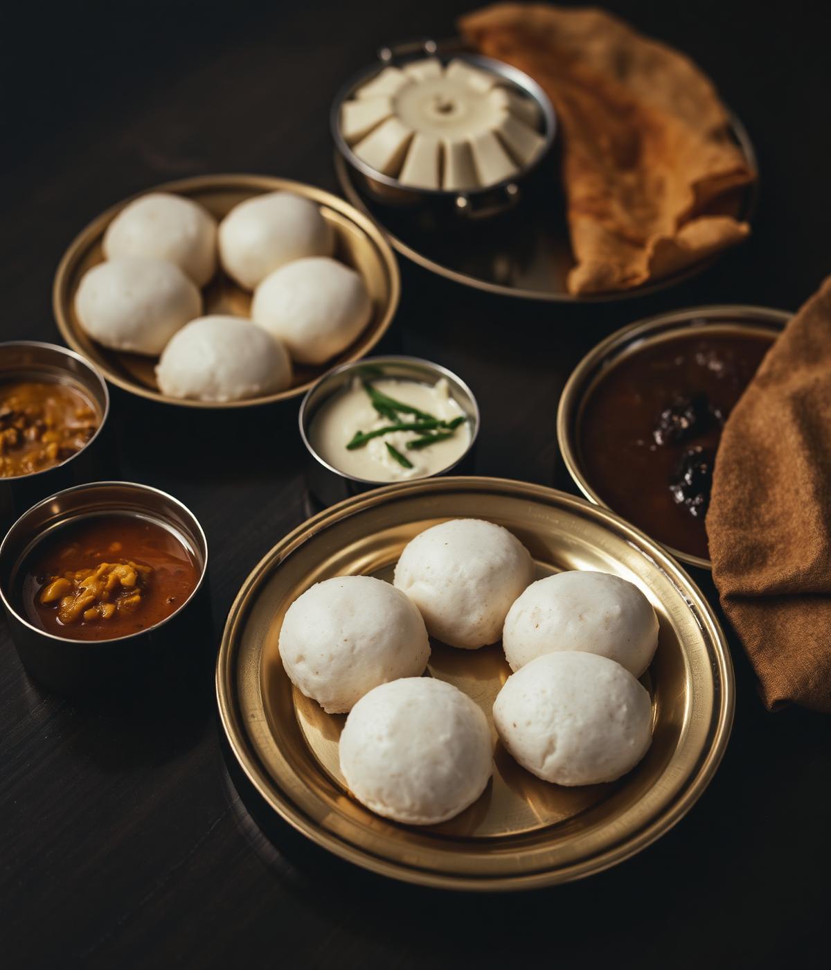 South Indian tiffin of idli, dosa and chutneys served on brass plates