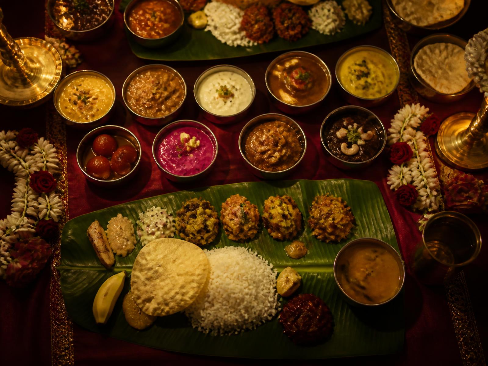 Overhead view of a South Indian banana leaf feast with curries, rice and sweets laid out for a celebration